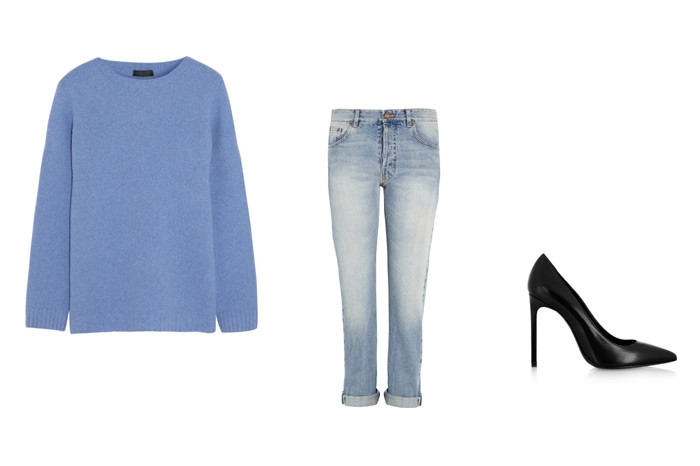 Свитер The Row, джинсы J Brand, туфли Saint Laurent