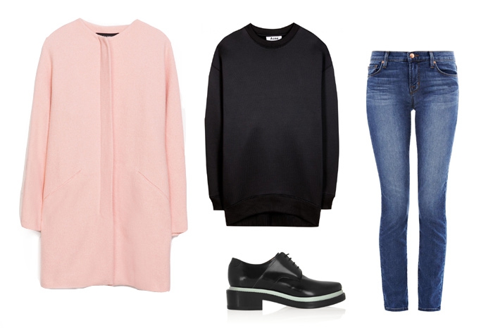 Пальто Zara, 5 999 рублей; джинсы J Brand, свитшот и туфли Acne