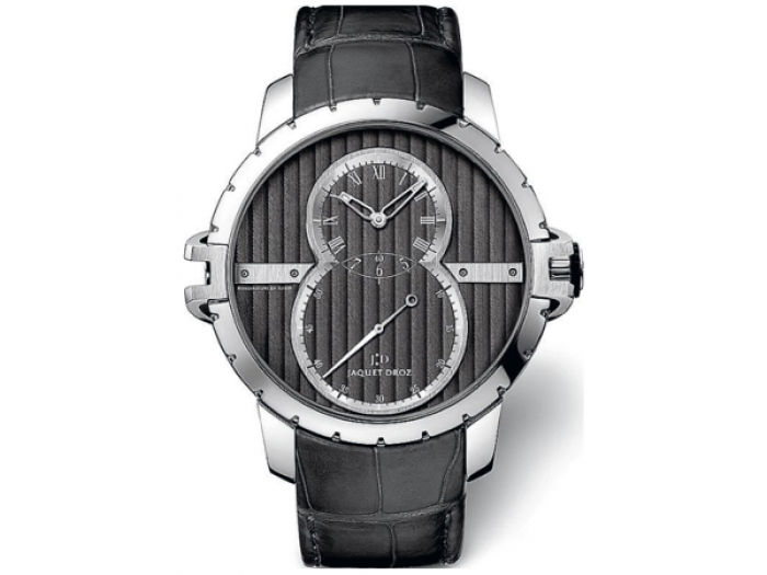 Grande Seconde SW Jaquet Droz. Два циферблата, смещенных от центра, образуют стальную восьмерку. В компании с похожим на шестеренку вечного двигателя