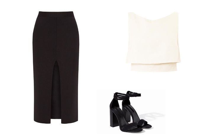 Топ McQ, 17 800 рублей; юбка Givenchy, босоножки Zara