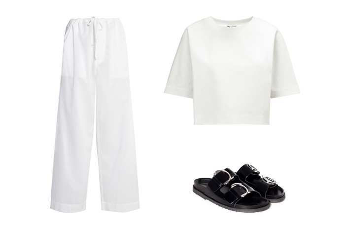 Топ Whistleys, 3 700 рублей; брюки Marni, шлепки Zara