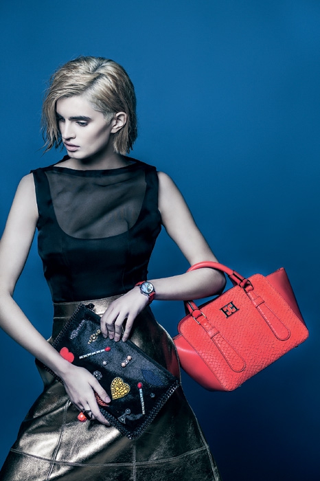 Платье и юбка Asya Malbershtein, боди Wolford, часы Tissot, клатч Stella McCartney, сумка Escada