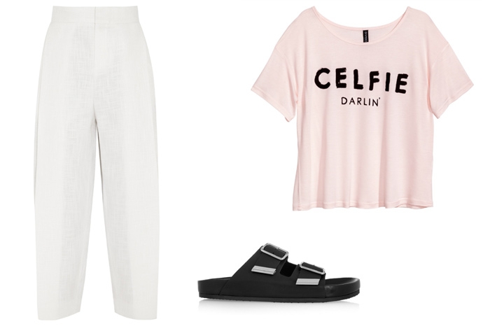 Брюки Chloe, 26 500 рублей; футболка H&M, сандалии Givenchy