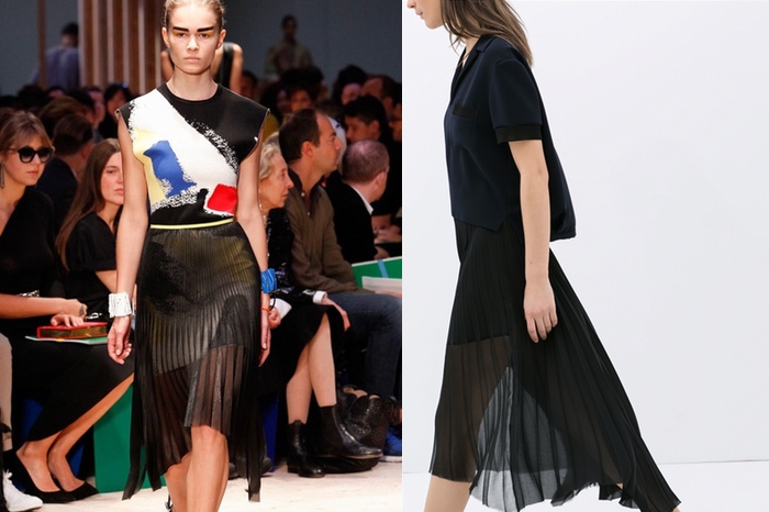 Celine, 50 000 рублей; Zara, 2 999 рублей Самая популярная вещь в весенне-летней Celine — полупрозрачная миди-юбка. В отличие от оригинала, копия из