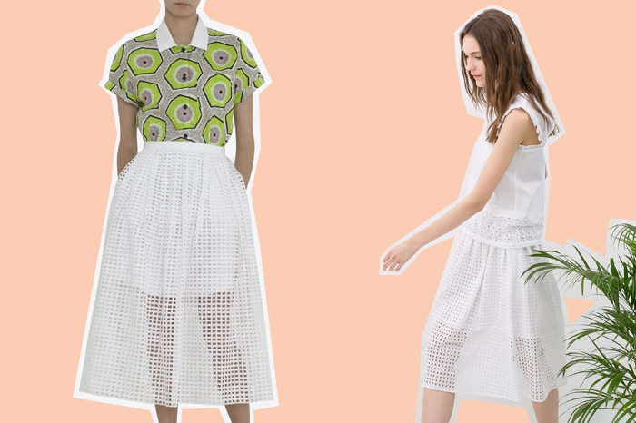 Carven, 24 900 рублей; Zara, 2 999 рублей Юбки до середины икры из фильмов про шестидесятые вернулись в весенне-летние коллекции. Правда в этом сезоне