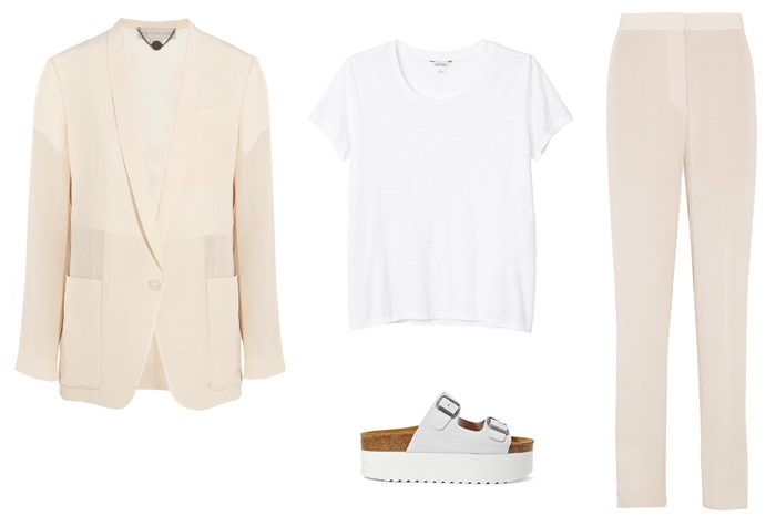 Костюм Stella McCartney, около 60 000 рублей; футболка Monki, шлепки Jeffrey Campbell