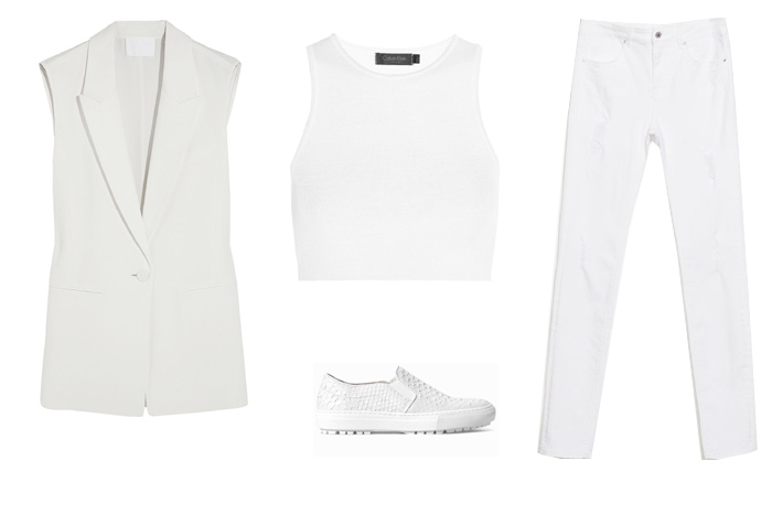 Жилет Alexander Wang, 26 500 рублей; брюки Zara, 2 999 рублей; топ Calvin Klein, слипоны Zara