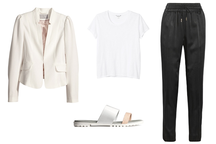 Жакет H&M, 1 999 рублей; брюки Jason Wu, 18 500 рублей; футболка Monki, шлепки H&M