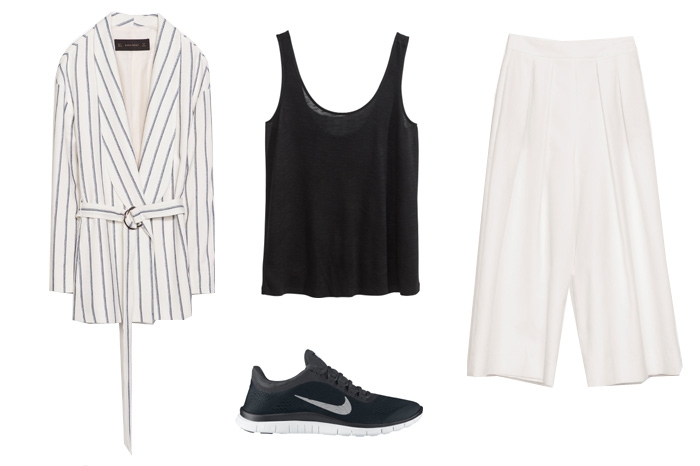 Жилет и брюки-кюлоты Zara, 6 998 рублей; майка H&M, кроссовки Nike