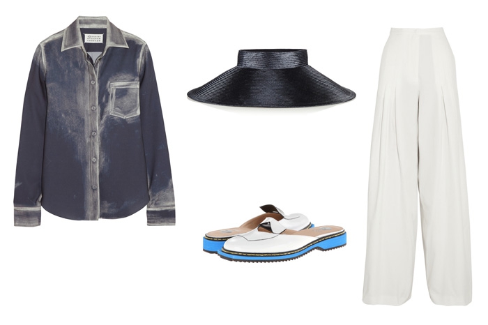 Рубашка Maison Martin Margiela, брюки Vionnet, шлепки Viktor & Rolf, шляпа Stella McCartney