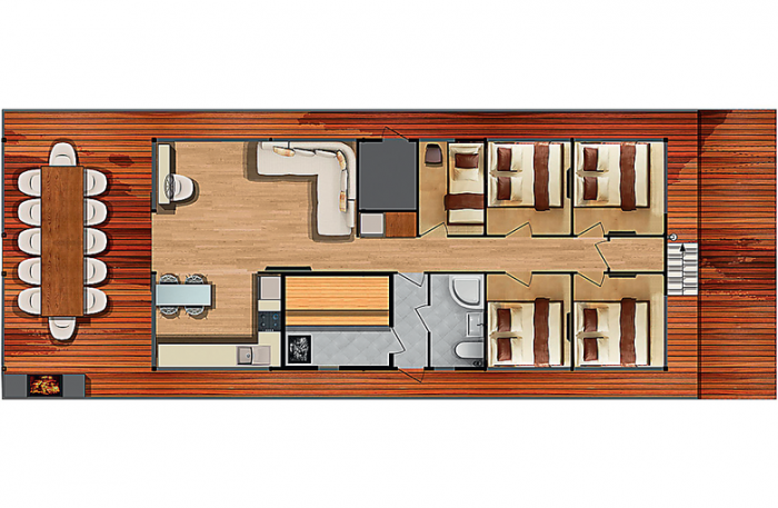 На первом этаже плавдома расположены уютные спальные каюты, просторная гостиная, обустроенная кухня, полноразмерная душевая и санузел.