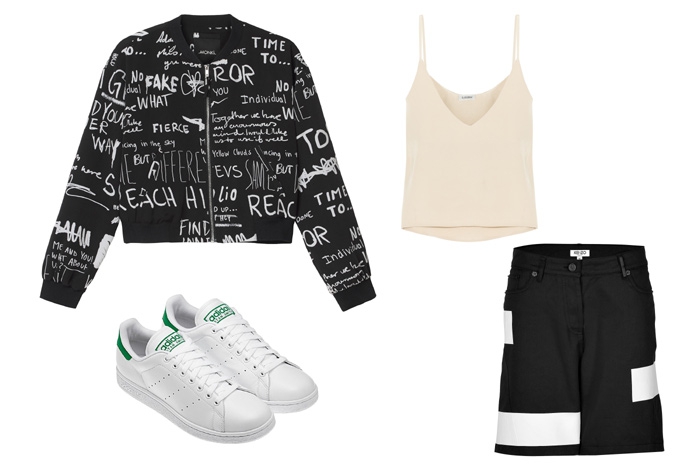 Бомбер Monki, 1 600 рублей; футболка Toteme, шорты Kenzo, кроссовки adidas Stan Smith