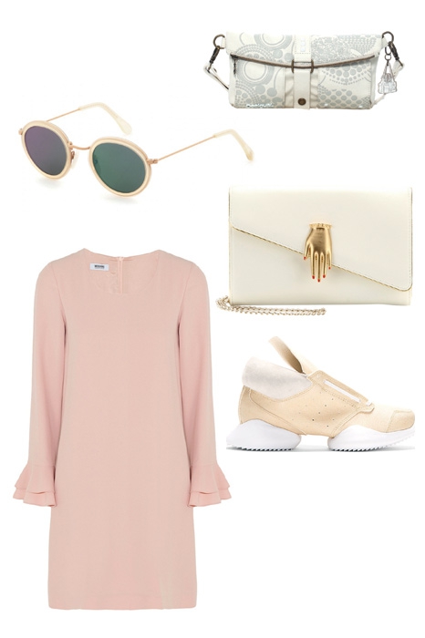 Платье Moschino, кроссовки Rick Owens, очки Acne, клатч Charlotte Olympia, сумка Desiqual