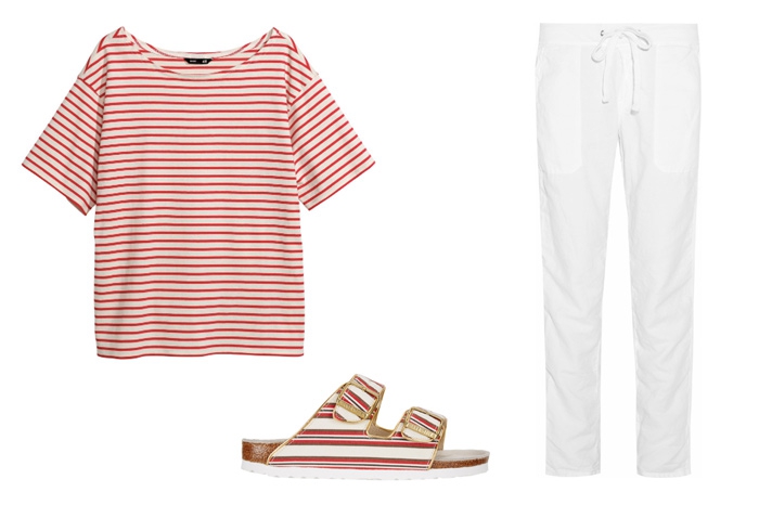 Штаны James Perse, 7 200 рублей; футболка H&M, сандалии Birkenstock