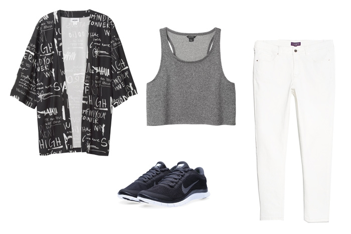 Джинсы Mango, 2 999 рублей; топ и кимоно Monki, кроссовки Nike Free