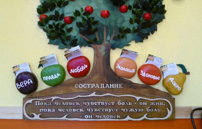 «Добрая столовая» Стены сети столовых украшает вегетарианское дерево с шестью плодами, каждый из которых символизирует осознанный подход к своему