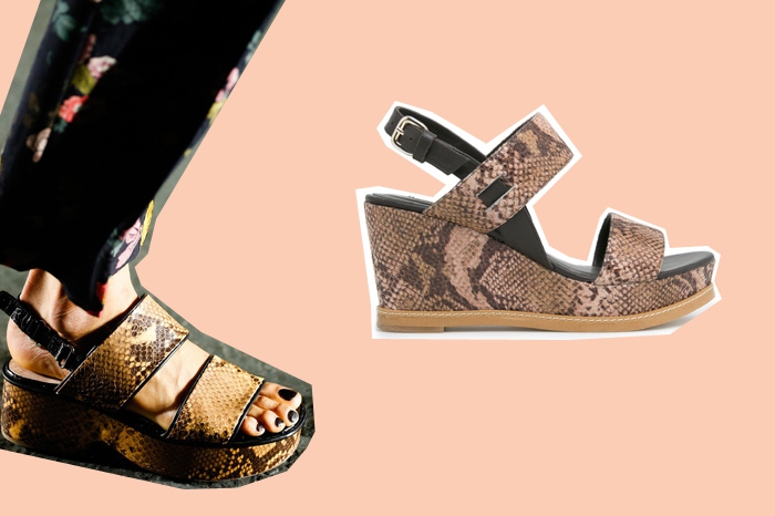 Dries Van Noten, 26 000 рублей; Mango, 2 999 рублей В босоножках Mango прекрасно все — и удобная танкетка, и точное сходство с подиумной моделью Dries