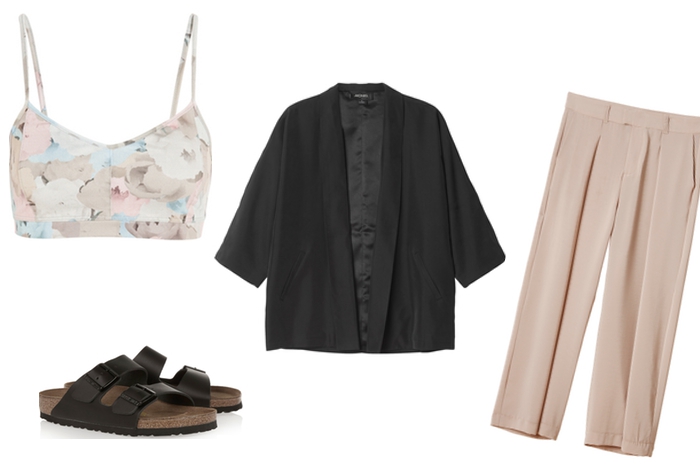 Бра Live the process, 2 975 рублей; жакет и брюки Monki, сандалии Birkenstock