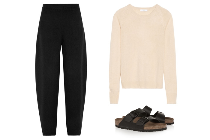 Штаны Agnona, 36 000 рублей; свитер Еquipment, сандалии Birkenstock