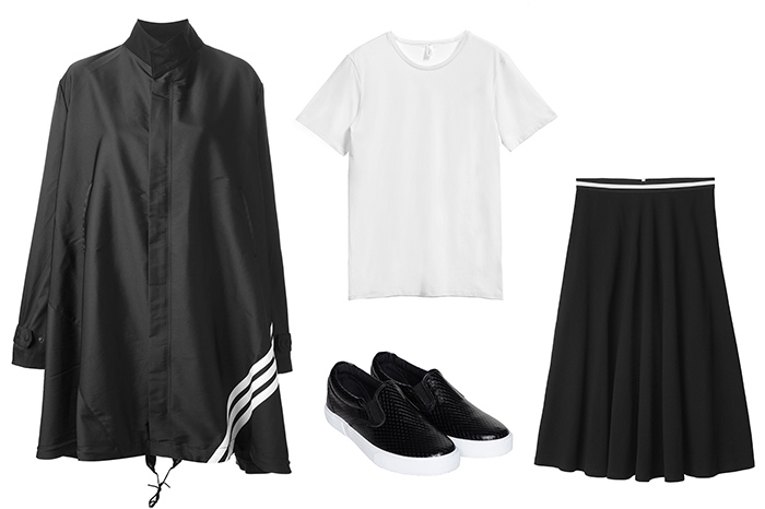 Куртка-кейп Y-3, 34 000 рублей; футболка Oh, my, юбка Monki, слипоны Asos