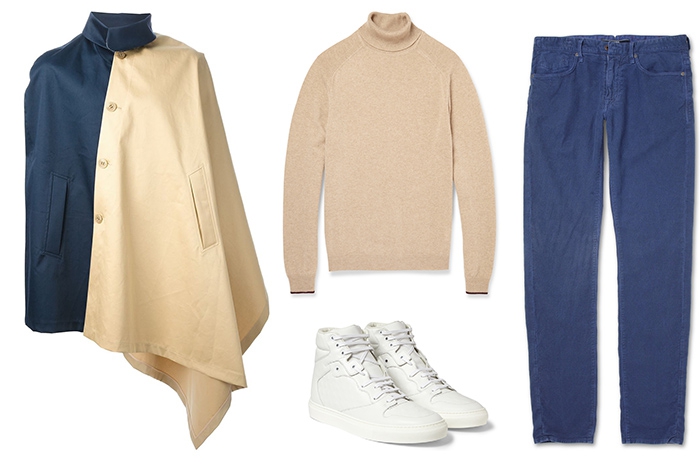 Куртка-кейп Giuliano Fujiwara, 32 000 рублей; свитер Paul Smith, брюки Incotex, кроссовки Balenciaga