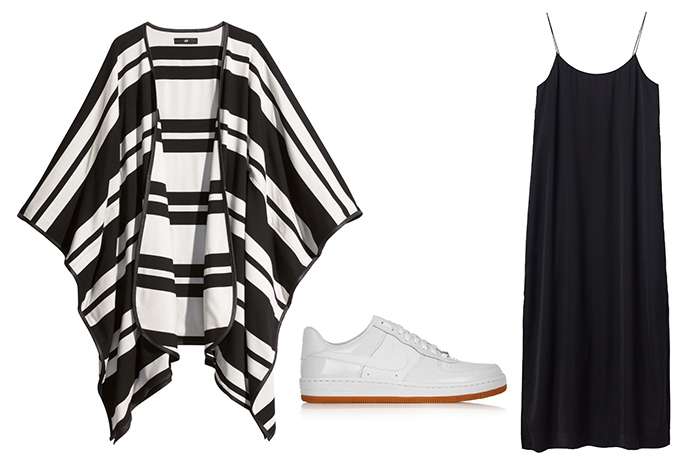 Пончо H&M, 1 999 рублей; платье Monki, кроссовки Nike