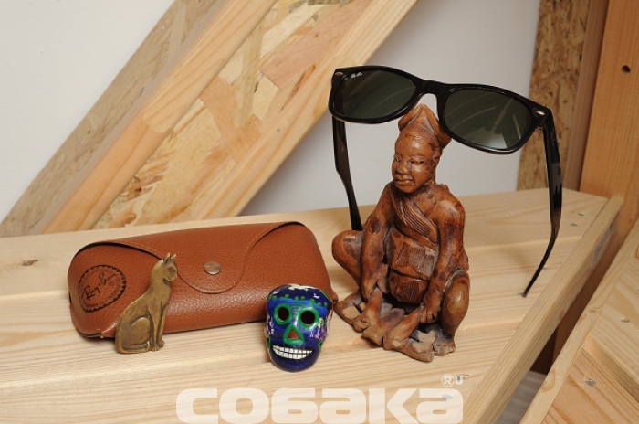 Кошка-брошка из Штатов, очки – подарок брата из Италии, подарок Santa Meurte из Мексики, статуэтка Касивы, купленная во Франции.
