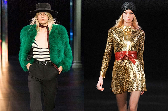 Saint Laurent Еще одну интерпретацию семидесятых искать в коллекции Saint Laurent. Правда в отличие от Гескьера с вылощенными нарядами, Эди Слиман