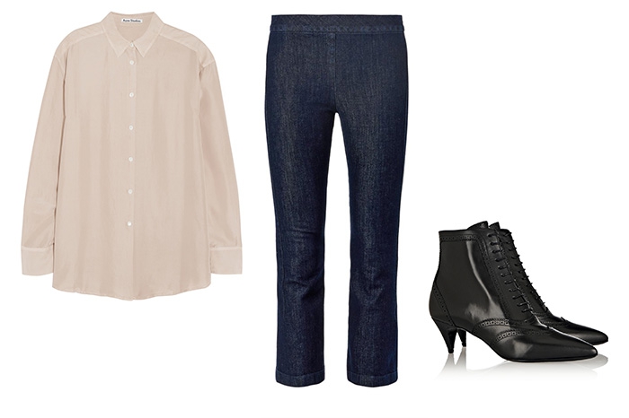 Джинсы The Row, 18 000 рублей; рубашка Acne, ботильоны Saint Laurent