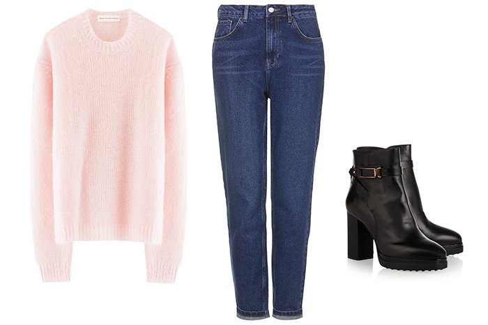 Джинсы Topshop, 2 499 рублей; свитер Walter Van Beirendonck, туфли Tod's