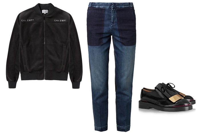 Джинсы Mih, 13 000 рублей; бомбер VFiles, туфли Marni