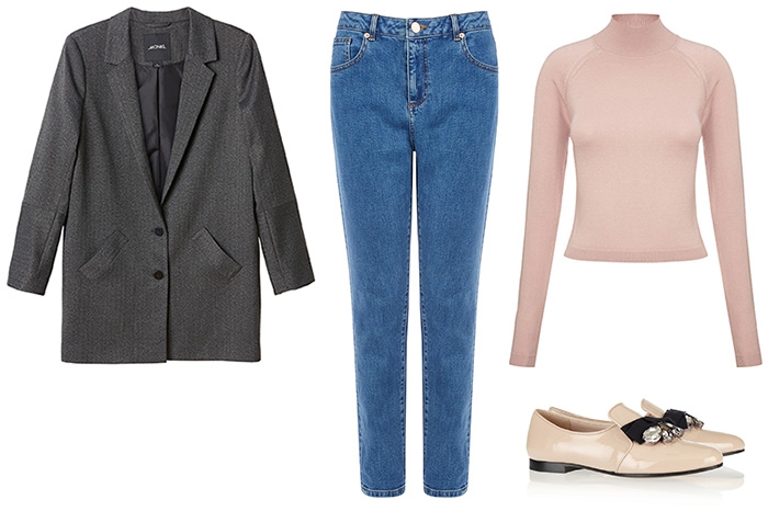 Джинсы Topshop, 2 499 рублей; водолазка Whistles, туфли Marni, жакет Monki