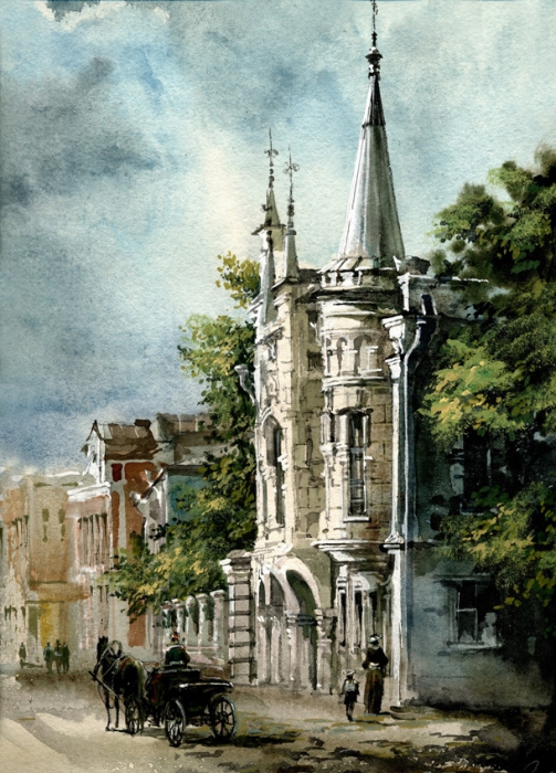 Казанский художник Ильяс Айдаров нарисовал серию акварелей под названием «Лики старой Казани». Среди прочих есть у него и Дом Шамиля. Вот, пролетка