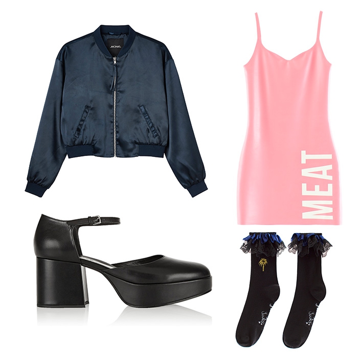 На вечеринку: бомбер Monki, платье Meat M, туфли Jil Sander, носки Pum Pum Socks