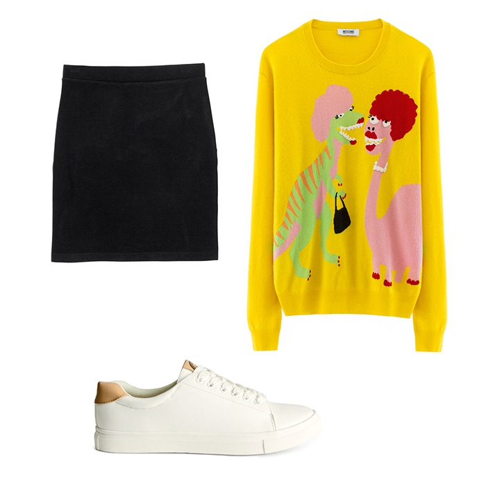 Дома: юбка Monki, свитер Moschino, кеды H&M
