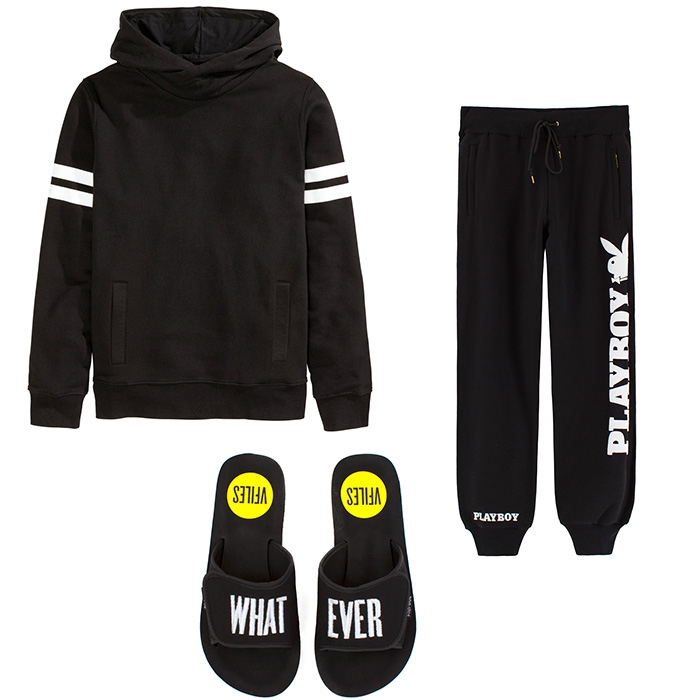 Дома: свитшот H&M, треники Joyrich, шлепки VFiles