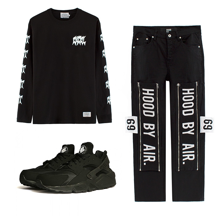 На вечеринке: свитшот SSDD, джинсы Hood by AIr, кроссовки Nike Air Huarache