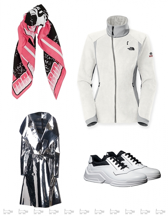 Бандана MBMJ, куртка North Face, плащ Gareth Pugh, кроссовки Prada