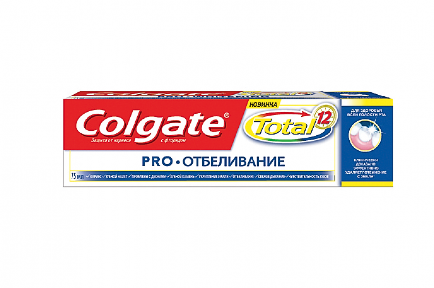 Colgate Total Pro-отбеливание осветляет эмаль механически благодаря частицам силики.