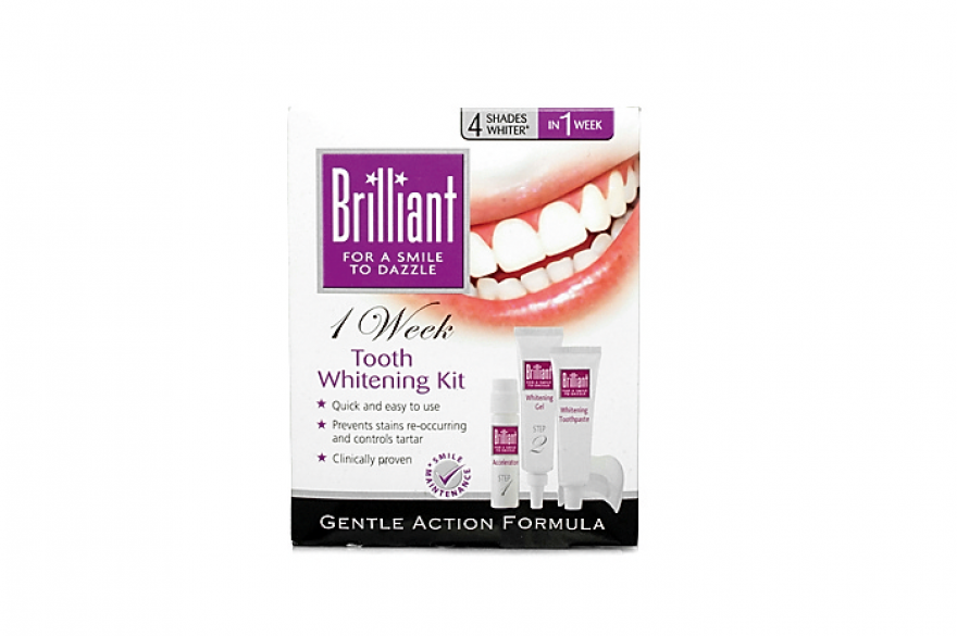 Набор из геля, капы и пасты Brilliant берется приблизить зубы к цвету снега.