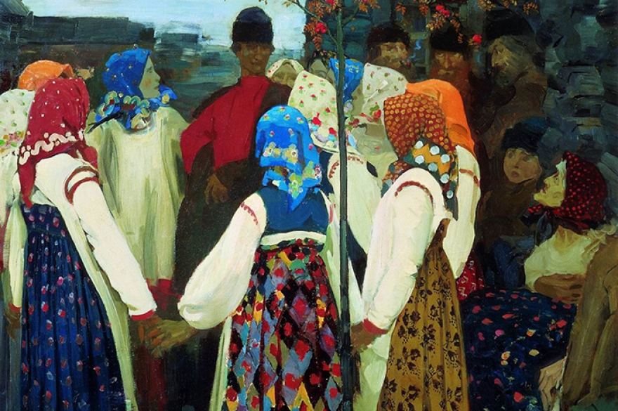 Полная красок и радости картина художника Андрея Рябушкина с очень длинным названием, которое говорит само за себя: «Втерся парень в хоровод, ну