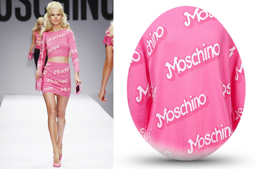 Moschino Покрасьте яйца в разные оттенки розового, а фломастером нарисуйте черный горох, надписи «Barbie», «Totally Barbie» или «Never not Barbie» — и