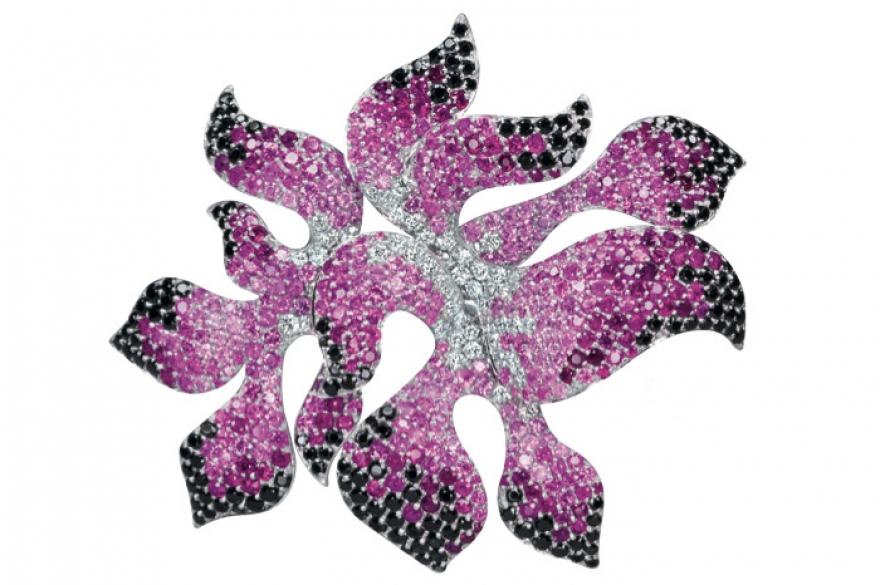 Van Der Bauwede Флористы без труда опознают в крупном кольце, инкрустированном белыми бриллиантами, рубинами и разноцветными сапфирами, орхидею сорта