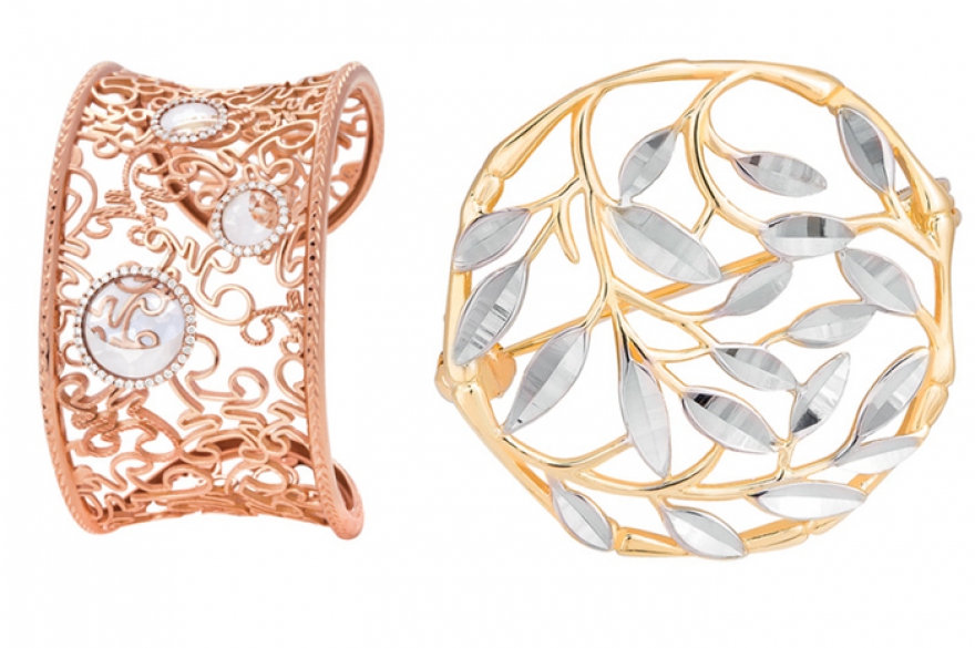 Luna, Korloff; «Ветка», Choron L'amour Ажур: золотая брошь Choron проросла родированными листьями, а маленькие перламутровые луны Korloff будто