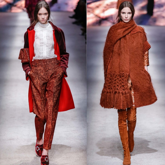 Alberta Ferretti вновь оседлала любимого конька-горбунка и преобразовала ортодоксальный бохо-шик Вудстока в сказочный мэш-ап. Багряные узоры