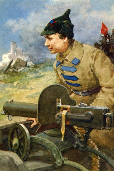 Герой Гражданской войны, наводчица пулемета 35-го кавалерийского полка Павлина Кузнецова. Короткая стрижка и красноармейская форма делают ее почти