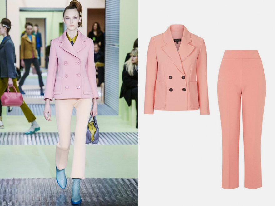 Брюки и жакет Prada, больше 120 000 руб.; Topshop, брюки 3 999 руб, пиджак 4 999 руб.