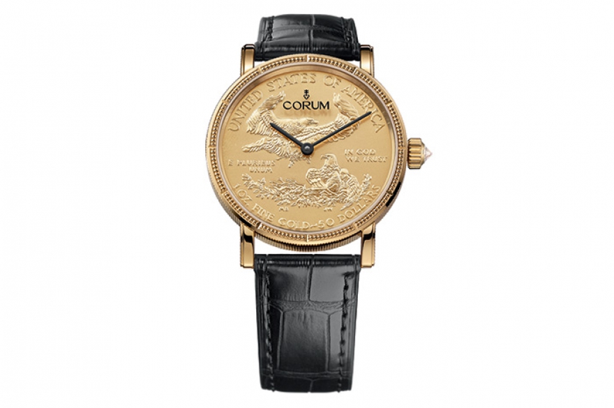 Coin Watch, Corum Корпусом часов служит мечта нумизмата, коллекционная американская монета из золота 916-й пробы. Ее номинал — 50 долларов, но