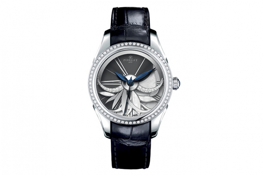 Diamond Flower Amytis, Perrelet Один из двух роторов патентованного мануфактурного калибра Perrelet качается на циферблате цветочными лепестками с