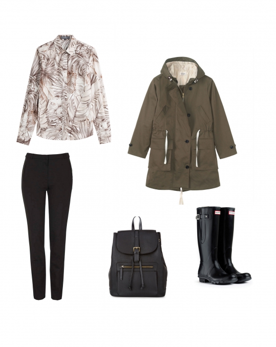 Парка Toast, рубашка Salvatore Ferragamo, штаны TopShop, сапоги Hunter, рюкзак Accessorize